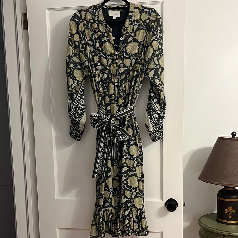 Cleobella Green and Cream Sheath Dress with Bishop Sleeves